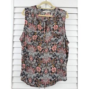 LOFT Sleeveless Blouse‎ XXL Black Pink Floral Henley Mixed Media Shell